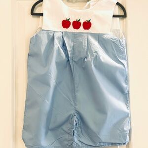 Cecil and Lou blue Apple applique Jon Jon, perfect for first day of school